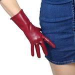 DooWay Women's Sexy Leather Gloves 28cm Middle Length Over Wrist Faux Leather Unlined for Cosplay Dressy Driving, Dark Burgundy, Medium