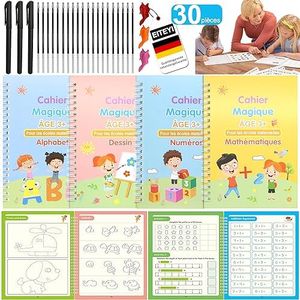𝟑𝟎𝐏𝐂𝐒 Cahier Ecriture Magique Français Kit-Livre Cahier Calligraphie Enfant Réutilisé- avec 4 Manuels avec Rainures Premium +3 Stylo+20 Recharges+2 Correcteur de Prise