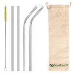 Now Organic Reusable Stainless Steel Drinking Straws Silver Colour Set (Bent and Straight) Including Straw Brush Cleaner and Free Muslin POTLI (Pack of 4) (Silver)