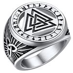 FaithHeart Norse Rings for Men Retro Style Norse Runes Valknut Ring Stainless Steel Signet Rings Size Z+3, Viking Gifts for Man Boy