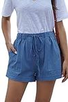 YOCUR Women's Shorts Cotton Linen Drawstring Waist Baggy Pleating Casual Beach Shorts Outdoor Recreation Short Pants Dusty Blue S