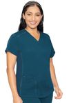 Med Couture V-Neck Scrub Top for Women with 4 Pockets, Rib-Knit Side Panel, and Shirttail Hem MC7459, Caribbean, Small