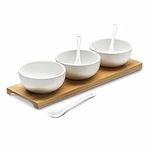 Tadar Dips Serving Platter Snack Serving Bowls with Spoons Ceramic White Bamboo Apettizer