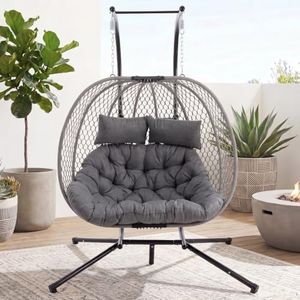 DAYAOUTDOOR Double Egg Chair with Stand for 2 Persons, Oversized Patio Hanging Basket Chair, Honeycomb Wicker Swing Chair with Thick Cushions & Headrests, 800LBS Heavy Duty Indoor Outdoor, Light Grey