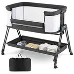 COSTWAY Baby Bedside Crib, Easy Folding Cot Bed with Mattress, All-Side Mesh, Storage Shelf and Travel Bag, Height Adjustable Newborn Sleeper for Birth to 9kg (Dark Grey)