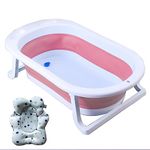 Safe-O-Kid® Tubbly Anti-Slip Folding Baby Bath tub, 1 Year Warranty, with Support Cushion, Temperature Sensitive Plug, Portable Bathtub, Soap Tray, Easy to Store, Foldable Shower Pool For Kids Upto (0-4 Years), Pink