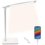 Qualore Desk Lamp, Led Bedside Table Lamp with USB Charging Port, 5 Color Mode, 5 Brightness Level, Touch Control, Auto Timer, Eye Caring Light for Home Office Study Bedroom Nail Kids (White)