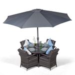 Arizona Luxury Rattan Dining Set | Round 4 Seater Grey Rattan Dining Set | Outdoor Poly Rattan Garden Table & Chairs Set | Patio Conservatory Wicker Garden Dining Furniture with Parasol & Cover