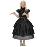 AUYAO Wednesday Costume, Wednesday Dress Girls Cosplay, Princess Dance Ball Gown Tulle Skirt with Belt, Children's Costume for Halloween Carnival Birthday Party Disguise Mardi Gras Suit