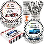 Racing Car Birthday Party Decorations, 120Pcs Race Car Themed Party Supplies Disposable and Exciting Tableware Includes Paper Plates, Napkins, Cups and Straws | Serves 24