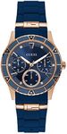 GUESS Gold-Tone + Iconic Red Stain Resistant Silicone Watch, Blue/Rose Gold Tone/Blue, NS, Dress/Luxury