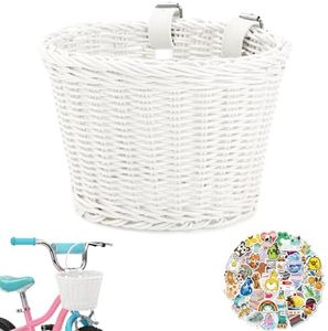 Kids Bike Basket Wicker Woven Front Bicycle Basket for Boys Girls Mini Handlebar Basket for Kids Bike or Scooter (White)