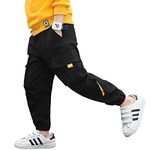 VernLan Boys Kids Cotton Casual Loose Fit Jogger Pants Elastic Waist Pull On Solid Color Cargo Pants with Multi-Pockets Black 12-14 Years