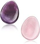 2 Packs Thumb Worry Stone for Anxiety,Natural Rose Quartz Amethyst Healing Crystals Set,Chakra Reiki Gemstone Pocket Palm Stones for Anxiety Stress Relief Meditation Crystal Therapy,Teardrop Shape