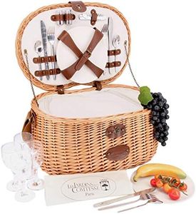 Les Jardins de la Comtesse - Panier Pique-Nique Isotherme Vendôme Naturel - Tressé en Osier pour 4 Personnes - Assiettes Légères/Verres à Vin en Verre/Panier Eco-Responsable - Beige - 47x33x21cm