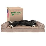 Furhaven Cooling Gel Dog Bed for Large/Medium Dogs w/Removable Bolsters & Washable Cover, for Dogs Up to 55 lbs - Plush & Suede Sofa - Almondine, Large