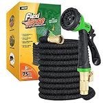 Flexi Hose with 8 Function Nozzle Expandable Garden Hose, Lightweight & No-Kink Flexible Garden Hose, 3/4 inch Solid Brass Fittings and Double Latex Core, 75 ft Black