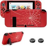 JINGDU Protective Case Compatible with Nintendo Switch 2017, TPU Case Accessory for Switch Console and Grip Joy-Con, Switch Protector with 4 Thumb Grips, Red Spider Web