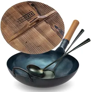 YOSUKATA 13.5” Blue Carbon Steel Wok Pan + Pre-Seasoned Blue Carbon Steel 17-inch Spatula and Ladle + Premium Wok Cover 13.5 inch Pan Lid