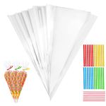 100pcs Christmas Sweet Cones Bags, kids Party Bags with 100pcs Ties Wedding Goody Cellophane Treat Birthday Stocking Fillers Kids Gift Bags Cookie Bags for Chocolate Candy Popcor(5.12*9.84Inch)