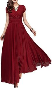 FYMNSI Women's Boho Solid Chiffon V-Neck Cocktail Bridesmaid Evening Party Gown Ball Prom Long Maxi Swing Dress Burgundy L