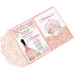 DreamBuilt 4.7 x7 inch 50PCS Blank Pink Quinceanera Invitations Kit Laser Cut Hollow Rose Pocket Quinceanera Invitation Cards with Envelopes for Bridal Shower Quincenera Birthday Invite