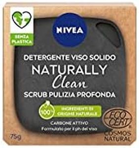 NIVEA Naturally Clean Gommage Visage Solide Nettoyage Profonde 75 g, Peeling visage 100% naturel avec charbon actif et acide citrique, Gommage nettoyant visage avec formule végétalienne