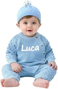 RESOOYO Personalized Newborn Sweater Romper,Baby Boy Girl Knitted Outfits,Infant Winter Suit,Personalized Baby Gifts-Blue-3-6M