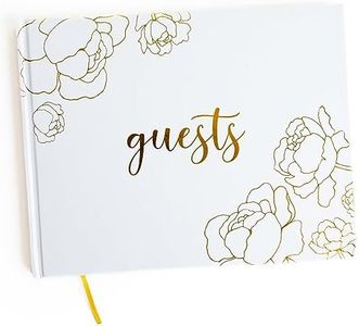 GSM Brands Wedding Guest Book, Simple Flower Bloom Line Art, 9 x 7 60 Lined Guestbook Pages, Elegant Gold Foil Embossed Design with Gold Page Edges