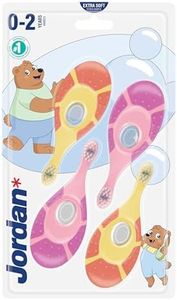 Jordan ® | Step 1 Baby Toothbrush | Baby Toothbrush 0-2 Years | The Original Toddler Toothbrush with Extra Soft Bristles & Soft Biting Ring for Babies Gums and Easy Grip | Pink & Purple | Pack of 4
