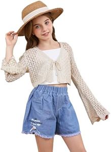 Milumia Girl's Tie Front Crochet Cardigan Hollow Out Long Sleeve Knit Crop Cover Up Top