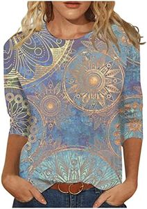 Generic 3/4 Sleeve Tunic Tops for Women Clearance Items Three Quarter Sleeve Tops Woman Birthday Oversize Classy Blouse Womens Summers 3/4 Sleeve Print, X-Large, 01-light Blue