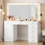 DWVO 56'' Makeup Vanity with Mirror and Lights, Large Vanity Desk with Power Outlet, 7 Drawers, Cabinet, Dressing Table with 3 Color Modes Adjustment with 12 LED Lights, Bedroom, White