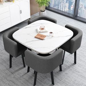 WOOOFA Round Dining Table Set for 4, Faux Marble Conference Table and Chairs Set, Kitchen Table Chairs Set with Strong Metal Frame, Space-Saving, Office Table and Chair Set for Home and Apartment