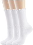 DOOVID Womens Socks Cute Ruffle Socks Cotton Turn-Cuff Frilly Crew Socks Slouch Casual Socks for Women, 3 Pairs White, One Size