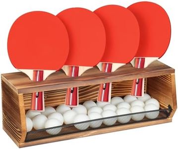 Ping Pong Storage Rack, Wall-Mount Table Tennis Paddle Display Holder with Ball Storage Shelf, Pine-Wood Ping Pong Racket Organizer Accessories Set for Game Room, Bar, Garage, Office, Home