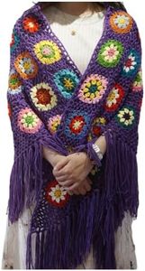Hblanket Handmade Crochet 70x34in Fringed Poncho Cape Shawls Wraps Granny Square Womens Coat Sweater, Purple, One Size