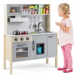Maxmass Wooden Kids Play Kitchen, Toddler Role-play Cooking Playset with Ice Maker, Cookware Utensils, Cuttable Fruits, Range Hood, Children Pretend Kitchen for Boys Girls (Grey)
