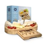 CUQOO Bamboo Cheese Board Set – Charcuterie Board with 3 Stainless Steel Knives & Fork, Serving Platter with Compartment for Meats, Cheese, and Fruits | Perfect for Parties & Gifts