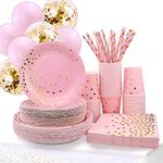 310PCS Party Supplies - Disposable Paper Plates Dinnerware Set Rose Gold Dots 50 Dinner Plates 50 Dessert Plates 50 Cups 50 Napkins 50 Straws 60 Balloons Birthday Party Wedding Holiday (Pink and Gold)