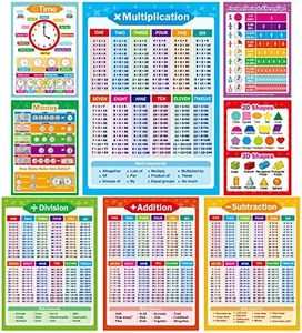 Yoklili 8 Educational Math Posters, Multiplication Chart Table Time Money Shapes Fractions Division Addition Subtraction, Elementary Homeschool Supplies, Classroom Decorations, 12 x 17.5 inches