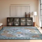 Phantoscope Vintage Collection Area Rug 4'x6' - Moroccan Washable Rug Non-Slip for Living Room Bedroom Dining Room Kitchen, Indoor Low-Pile Carpet Boho Accent Rug, Blue Teal/Multi