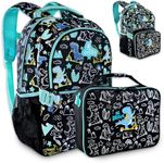 Decorably Backpack with Lunch Bag for Kids - 2Pc Set Dinosaur Backpack with Lunch Box for Boys with Dinosaur Rubber Patch, Backpack for Kindergarten Boys, Dinosaur Backpack and Lunch Box Set