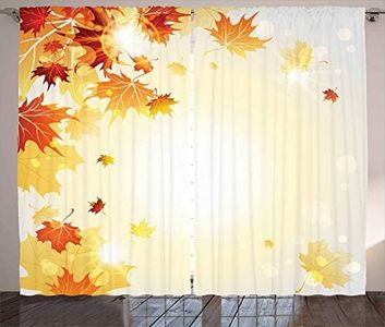 ABAKUHAUS Otoño Cortinas, Flying Hojas de Arce, Sala de Estar Dormitorio Cortinas Ventana Set de Dos Paños, 280 x 260 cm, Pálida Mostaza Naranja Oscuro