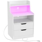 Rolanstar Nightstand with Charging Station and LED Lights, 2 AC and USB Power Outlets, Nightstand with 2 Drawers and Storage Shelves, Bedside Table for Bedroom - White