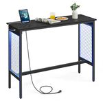 VASAGLE Bar Table, Narrow Long Bar Table, Cocktail Table with LED Lights, Built-in Power Outlets, Mesh Panels, High Pub Table, 15.7 x 47.2 x 35.4 Inches, Ebony Black and Matte Black ULBT020B01