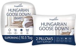 Snuggledown Hungarian Goose Down Super King Duvet - 10.5 Tog All Year Round Premium Quilt Ideal for Summer & Winter, 2 Soft Pillows - Jacquard Cotton Cover, Machine Washable, Size (260cm x 220cm)