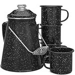 COLETTI Classic Percolator Coffee Pot & Enamel Mug Set — Camping Coffee Pot, Enamel Coffee Mug – Complete Nostalgic Bundle – German Imported Enamel Powder [Black, 12 Cup] [12 oz, Set of 4]