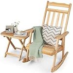 RELAX4LIFE 2PCS Rocking Chair Set, Solid Fir Garden Furniture Set with Folding Table, Wooden Front Armchairs Natural Single Rocker Set for Patio Balcony Yard Poolside