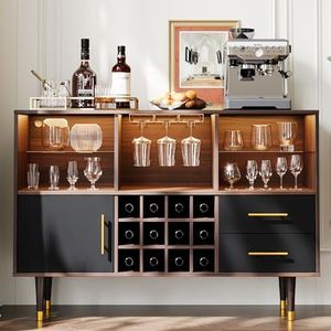 Svimi Bar Cabinet, 47 inch Walnut - Modern Cabinet with LED Light Charging Station, Buffet Table, Coffee Bar & Storage for Home Bar